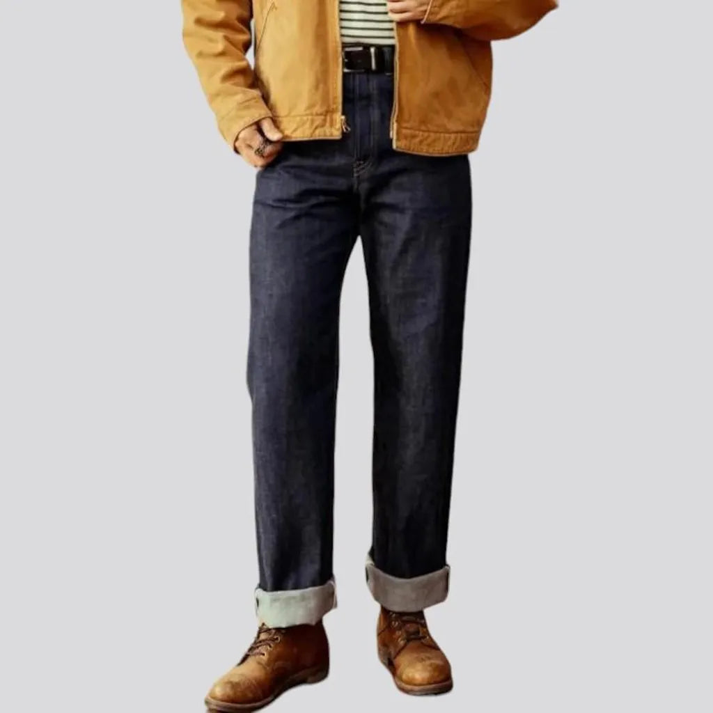 straight, dark-wash, 14oz, selvedge, high-waist, 5-pockets, buttons, men's jeans | Jeans4you.shop