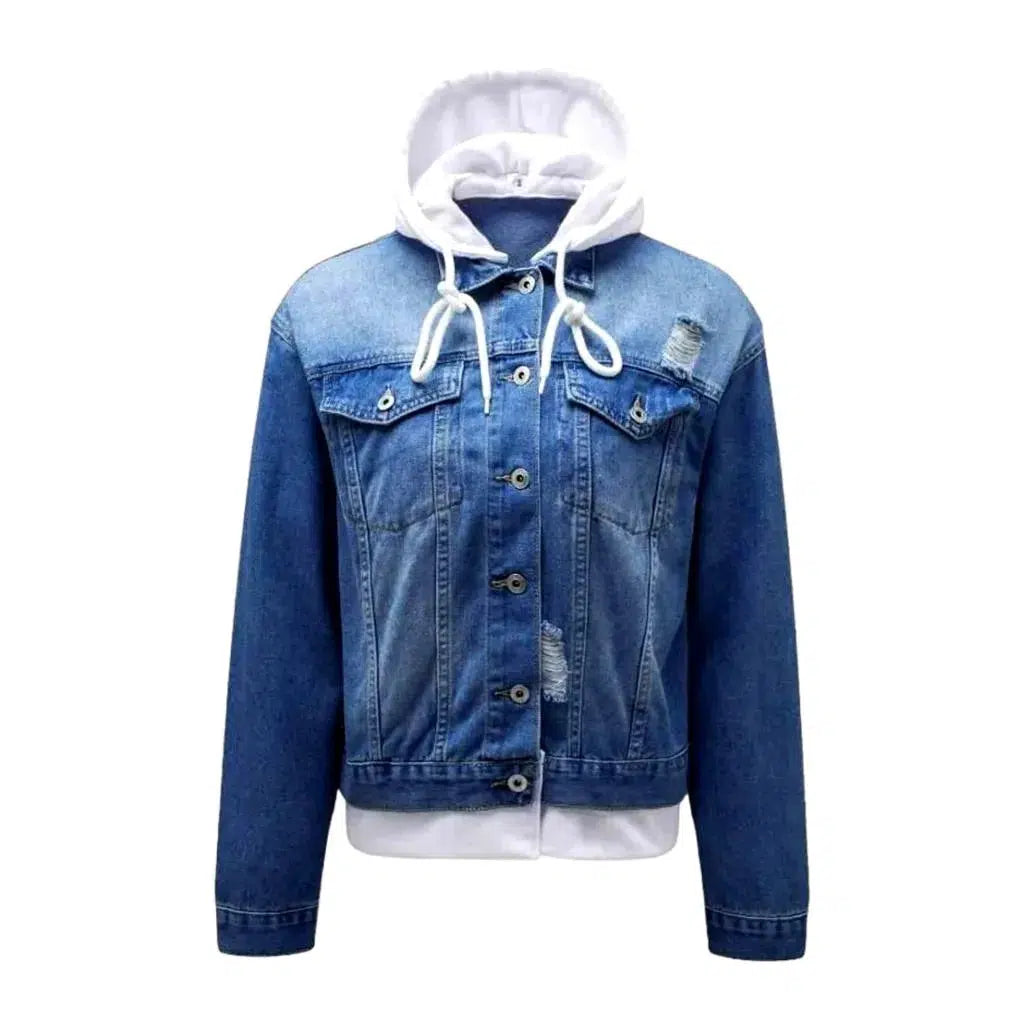 Hooded medium-wash jeans jacket for women